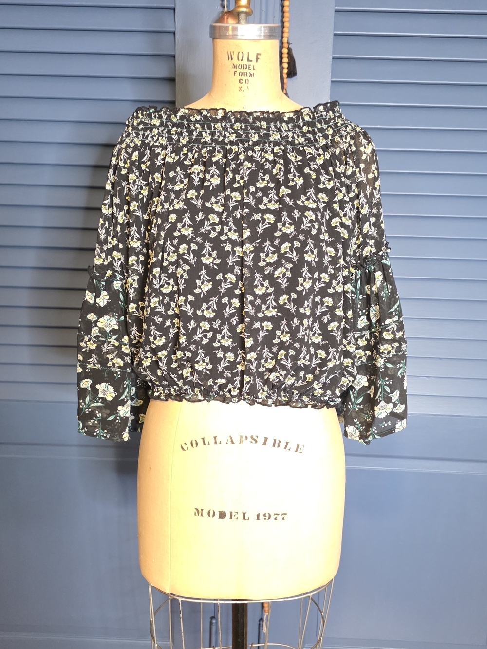 Free People Rose Valley Floral Smocked Off-The-Shoulder Boho Blouse Black